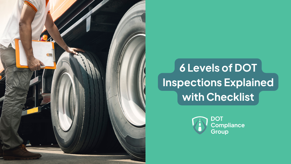 Inspector holding a clipboard while checking a semi-truck tire during a roadside inspection, beside a teal panel with the text "6 Levels of DOT Inspections Explained with Checklist" and the DOT Compliance Group logo